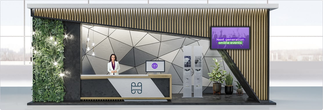 Exhibitor booth with geometric shapes with sales representatives and logos
